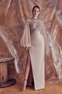 Closed illusion neckline dress featuring beaded bodice and side slit skirt - HerTrove