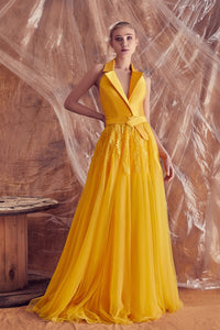 Sleeveless flapped collar bodice tulle A line dress - HerTrove