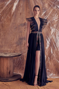 Pleated tulle dress featuring embroidered edges - HerTrove
