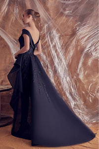 Corseted ruffled top with train and slim pants - HerTrove