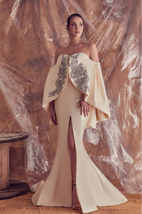 Cape style bodice with appliques mermaid gown - HerTrove