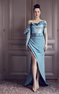 One sleeve brocade top with draped skirt - HerTrove