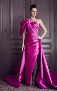 One shoulder draped bodice sweep train gown - HerTrove