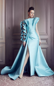 Ruffled sleeve and neckline sweep train gown - HerTrove
