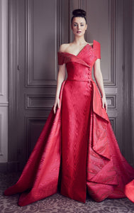 Asymmetric neckline button detailed moire gown - HerTrove