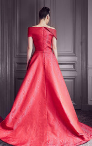 Asymmetric neckline button detailed moire gown - HerTrove