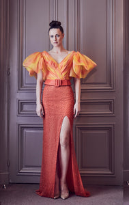 Short puff sleeves top with fitted high slit skirt - HerTrove