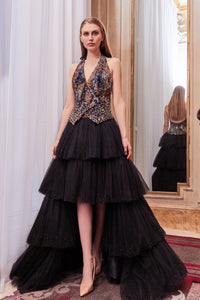 Halter neck tiered skirt tulle gown - HerTrove