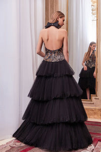 Halter neck tiered skirt tulle gown - HerTrove