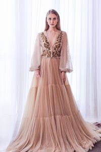 Puff sleeves beaded top with tulle skirt - HerTrove