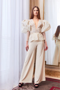 Oversized shoulders embroidered top with wide pants - HerTrove