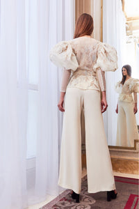 Oversized shoulders embroidered top with wide pants - HerTrove