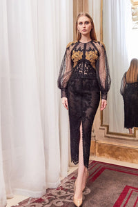 Embroidered puff sleeves top with midi skirt - HerTrove