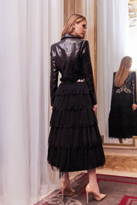 Buttoned all the way sequined bodice tiered skirt midi dress - HerTrove