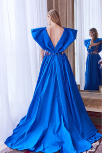 Oversized sleeves embellished waistline taffeta dress - HerTrove