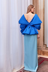 Bateau neckline taffeta top with side slit skirt - HerTrove