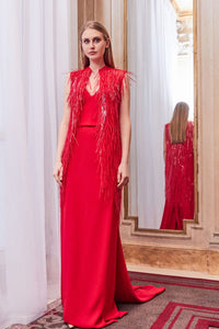 Sleeveless crepe gown with fringe cape - HerTrove
