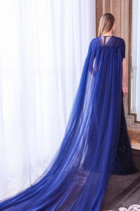 Pleated deep V bodice back cape dress - HerTrove