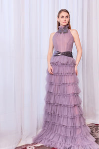Jeweled neck tiered skirt gown - HerTrove