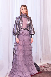 Jeweled neck tiered skirt gown with sequined cape - HerTrove