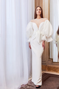 Horizontally beaded neckline puff sleeves organza dress - HerTrove