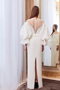 Horizontally beaded neckline puff sleeves organza dress - HerTrove