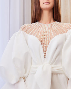 Horizontally beaded neckline puff sleeves organza dress - HerTrove