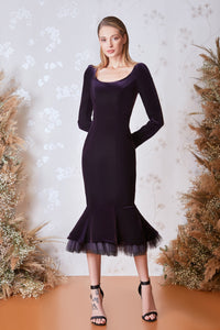 Bateau neckline pleated hem midi dress - HerTrove