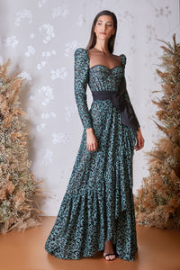 Illusion neckline bustier bodice printed dress - HerTrove