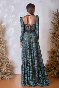 Illusion neckline bustier bodice printed dress - HerTrove