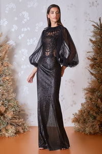 Puff sleeves embroidered top with back slit beaded skirt - HerTrove