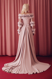 Draped asymmetric dress featuring sweep train overskirt - HerTrove