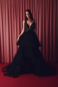 Plunging neckline dress featuring tiered tulle skirt - HerTrove