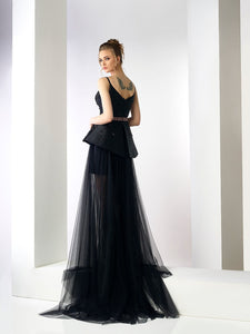 Embroidered peplum top faeturing mini skirt covered with tulle - HerTrove