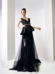 Embroidered peplum top faeturing mini skirt covered with tulle - HerTrove