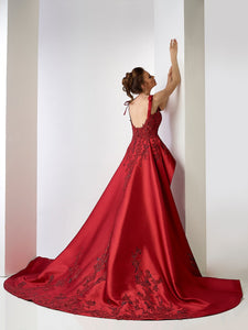 Fully embroidered fitted gown featuring sweep train overskirt - HerTrove