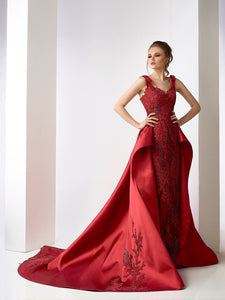 Fully embroidered fitted gown featuring sweep train overskirt - HerTrove
