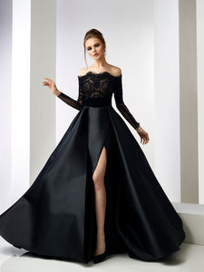 Appliques lace off shoulder top featuring taffeta skirt - HerTrove