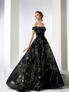 Gold patterned off shoulder ball gown - HerTrove