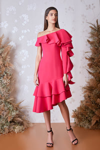 Asymmetric neckline ruffled hem short dress - HerTrove