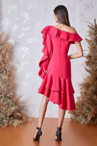 Asymmetric neckline ruffled hem short dress - HerTrove