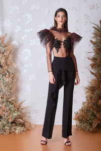 Polka dots ruffled shoulders top with straight pants - HerTrove