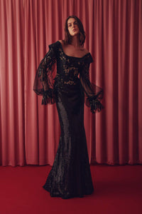 Bateau neckline off shoulder top with sequined column skirt - HerTrove