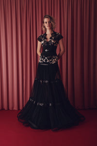 Cap sleeves banded top with pleated tulle skirt - HerTrove