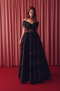 Off shoulder semi sheer top with tulle taffeta mix skirt - HerTrove