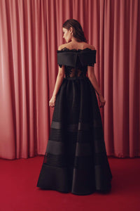 Off shoulder semi sheer top with tulle taffeta mix skirt - HerTrove