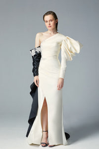 Asymmetric draped bodice front slit dress - HerTrove