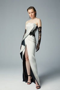 Draped bodice high slit dress with gloves - HerTrove