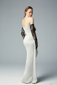 Draped bodice high slit dress with gloves - HerTrove