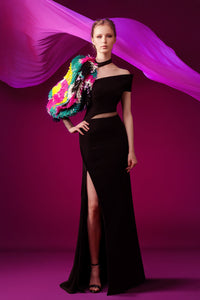 Off shoulder asymmetrical dress featuring sequined sleeve - HerTrove